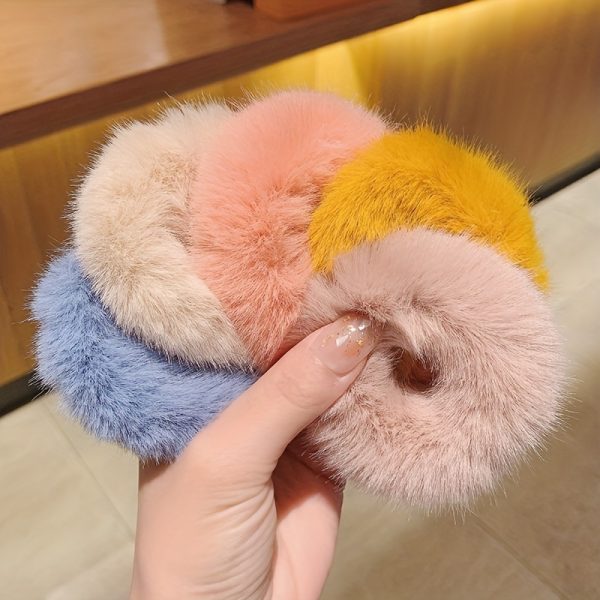 5PCS multi-color furry hair bun with soft knitted elastic band for women's party daily hair accessories, cute autumn and winter hairstyle design decoration