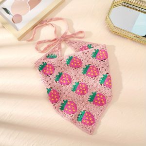 2pcs Solid Color Knitted Triangle Scarf Cute Strawberry Hollow Knitted Triangle Scarf