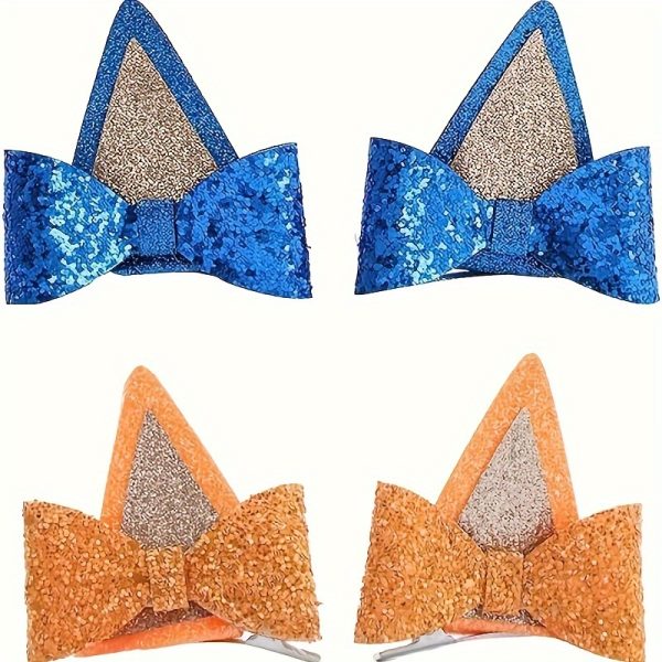 4pcs Fset Glitter Sequin Bowknot Decorative Puppy Ears Shaped Hair Clips Cute Hair Barrettes Lovely Hair Decoration