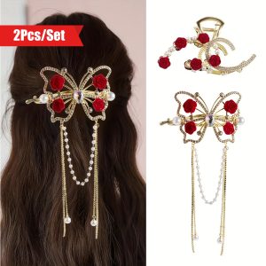 2pcs Fset New Lady's Sweet Back Of The Head Rose Grab Clip Advanced Feeling Metal Diamond Tassel Shark Hair Claw Volume Multi-plate Hair Accessories