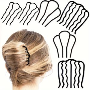 6 Piece Plastic Hair Combs Set - U Shape Hair Fork Clips with Teeth for Updo Bun - Vintage Style Hair Accessories for Women with Curly or Normal Hair - Unscented, Suitable for Ages 14+ - Black Hair Pin Stick for Classic Hairstyles