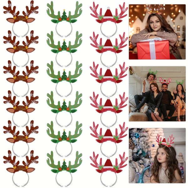 18Pcs Christmas Reindeer Antlers Headband Cute Glitter Xmas Hair Hoops For Christmas Costume Party Decoration Holiday Accessories Party Supplies Gifts For Adult Kids