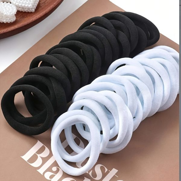 50PCS High-Elasticity Jersey Hair Ties - Vintage Minimalist Style Solid Color Hair Rings, Soft Seamless Towel Fabric Scrunchies for Ponytails and Buns, Suitable for Age 14+, Black and White Combination Set